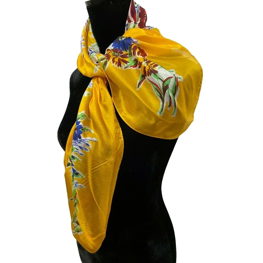 Pure‎ Silk Womens Square Scarf Hand Rolled Gold Hand Screen Printed Floral Silk